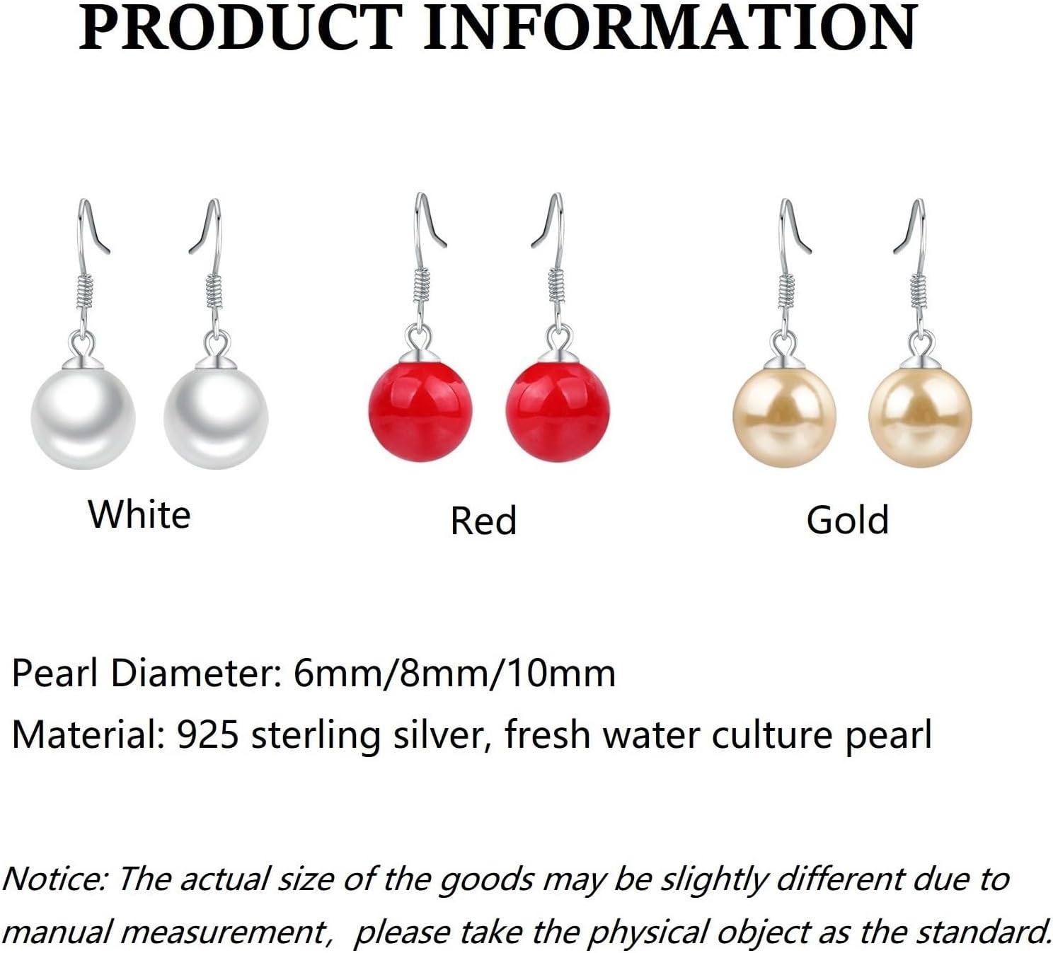 White/Red/Gold Fresh Water Pearl Drop Earrings, 925 Sterling Silver Pearl Dangle Earrings Graceful Hook Earrings For Women and Girls, 6MM 8MM 10MM - Image 2