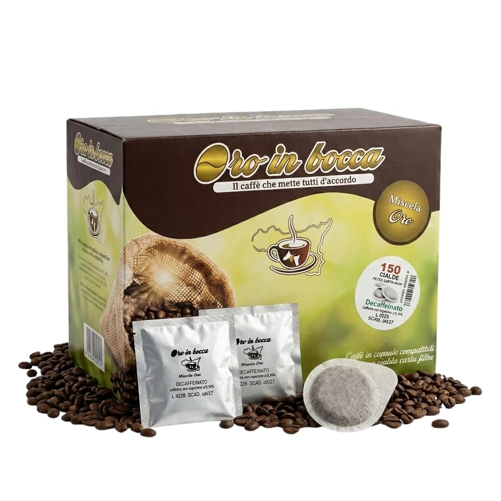 Oro in Bocca Cialde Compostabili Caffè Dek Decaffeinato – Miscela Decaffeinata a Vapore per Espresso, Formato ESE 44mm, Confezione da 150 Cialde