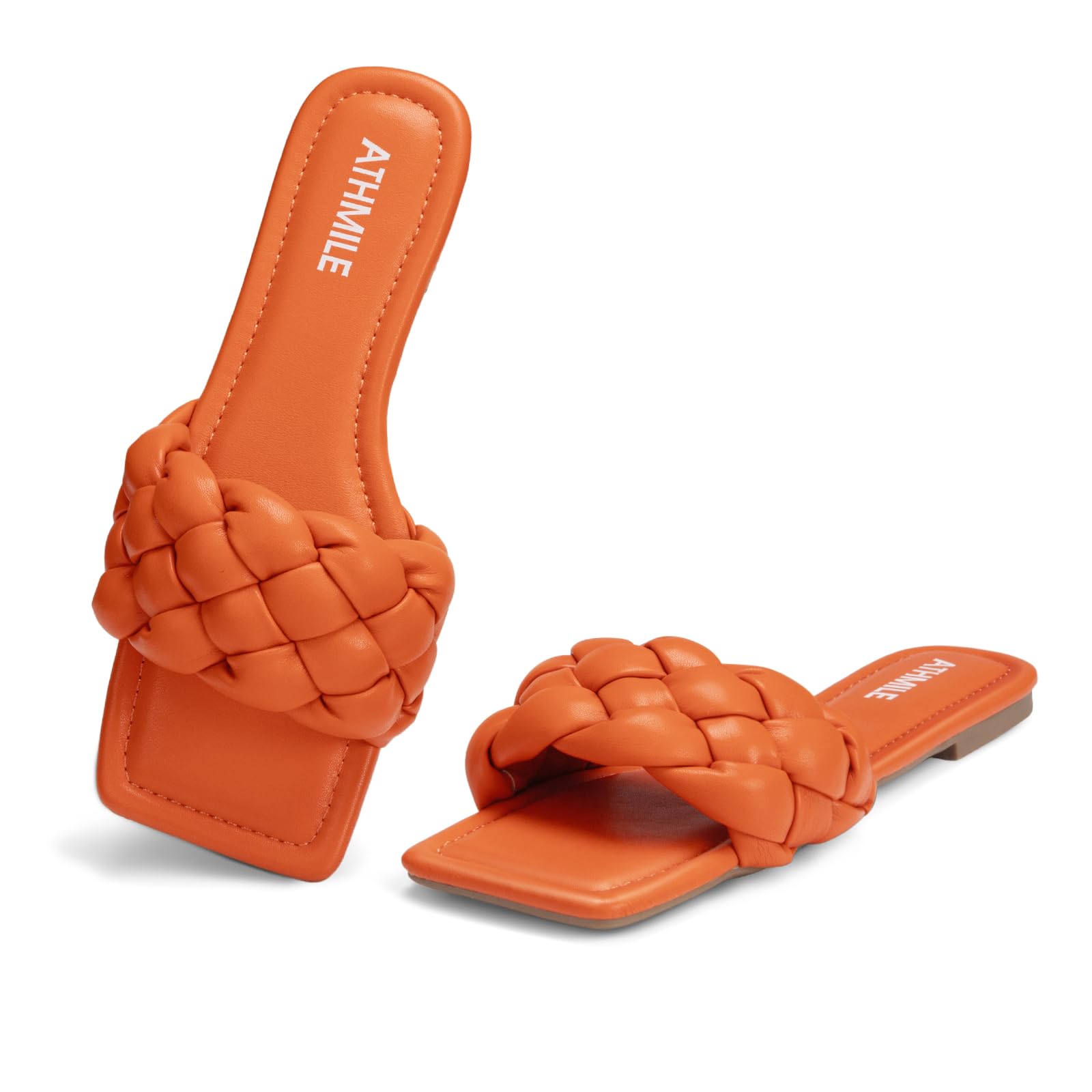 ATHMILE Braided Womens Sandals 2026 Square Open Toe Fashion Slide Sandals Women Dressy Summer Flat Beach Size 6-11