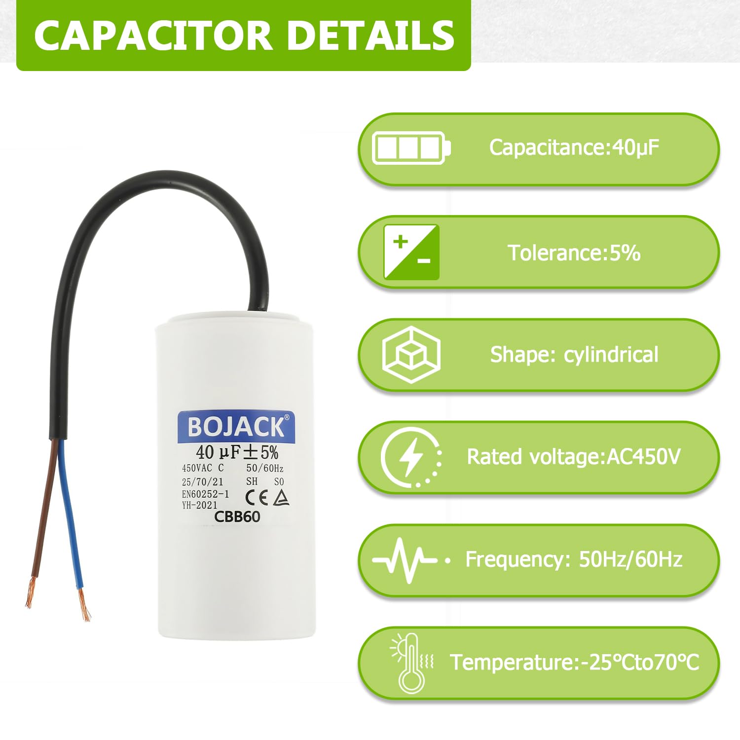 BOJACK CBB60 40uf 450V 50/60HZ Condensador de arranque Motor, condensador de funcionamiento