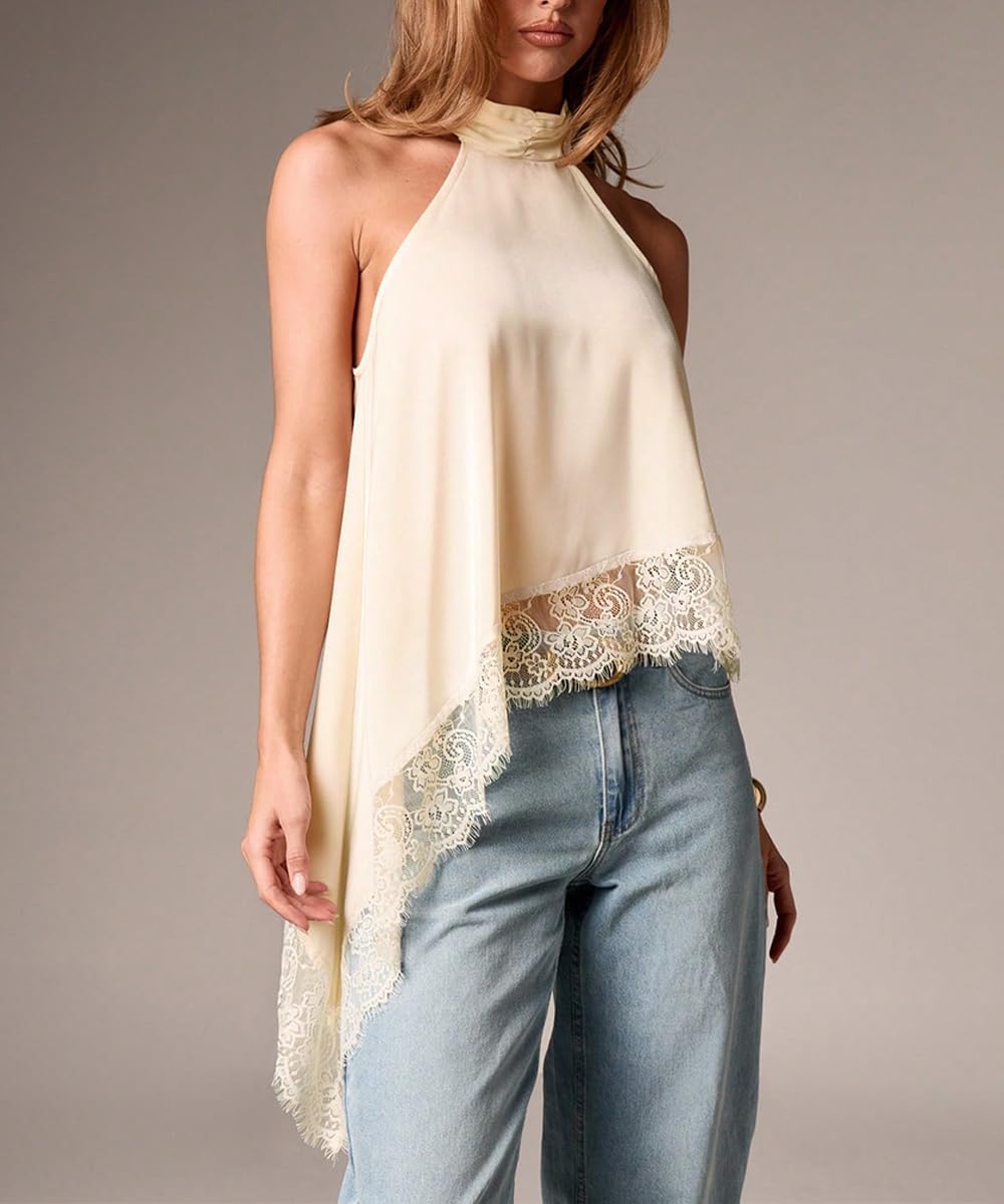 Women's Y2k Halter Mock Neck Top Sleeveless Lace Trim Asymmetrical Hem Going Out Tank Tops - Image 3