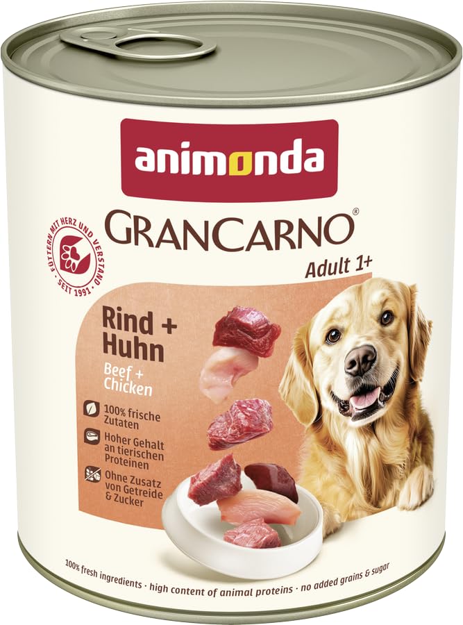 animonda GranCarno Hunde Nassfutter mit Rind + Huhn (6 x 800 g), getreidefreies Hundenassfutter ohne Zucker, für ausgewachsene Hunde, mit frischen fleischigen Zutaten