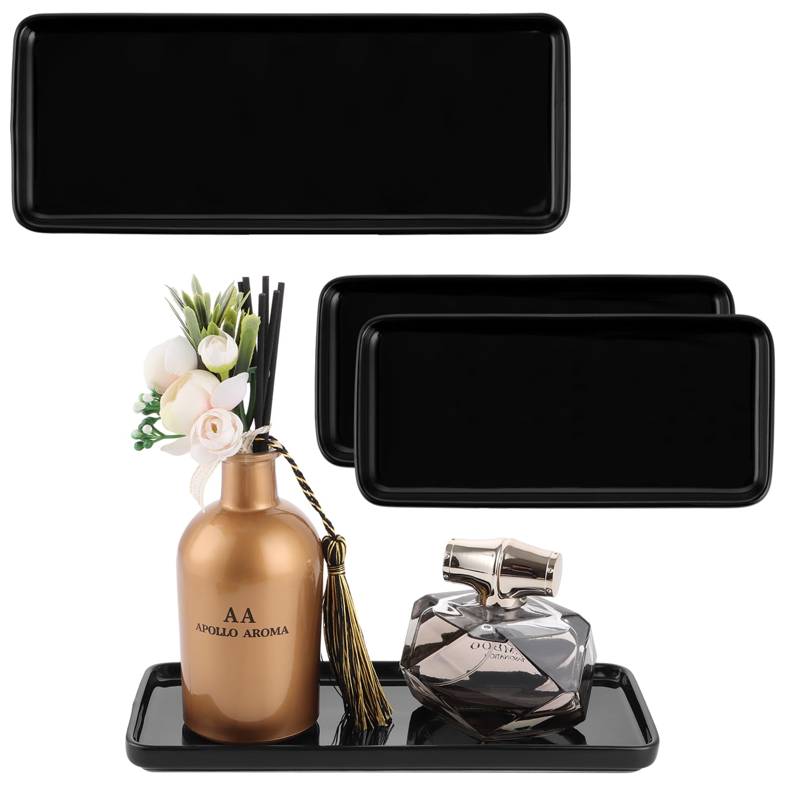 4 Plateaux Céramique Blanc Pour Salle De Bain - Rangement Savon, Bougies, Accessoires, Antidérapants