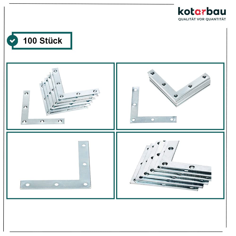 KOTARBAU® 100 x Placas de Esquina, Placas Planas en Forma de L, 75x75 Conector Angular, Conector de Esquina, Placa Perforada, Placas de reparación 90º, Conectores Planos, Pletinas, Soportes de Acero