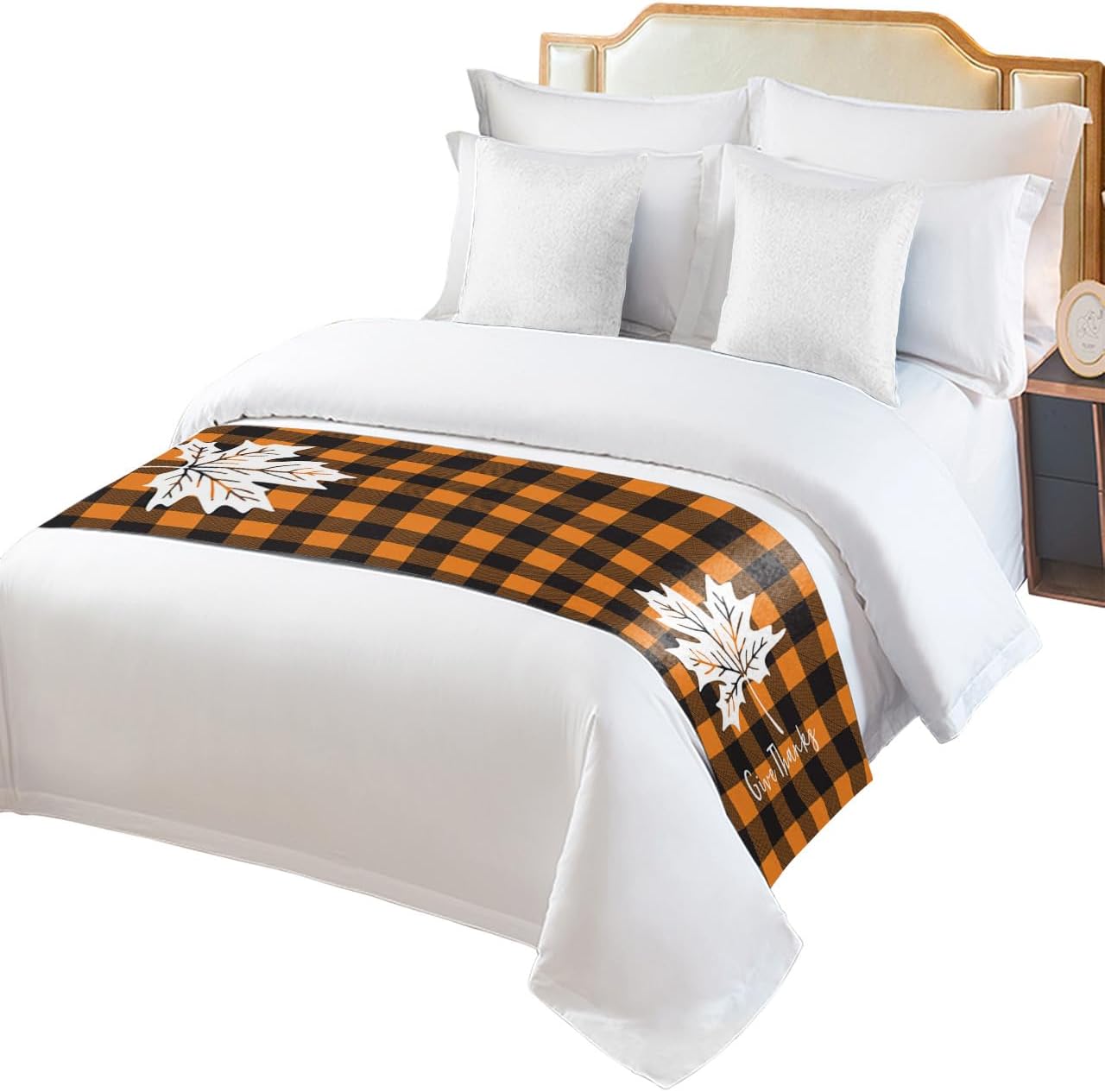 Bed Runner Thanksgiving Day Bedroom Bedding Scarves for Full Size Bed, Orange Black Tartan 83x20In Bed Runners Scarf for Hotel Guestroom Wedding Room Decortions Autumn Maple Leaf