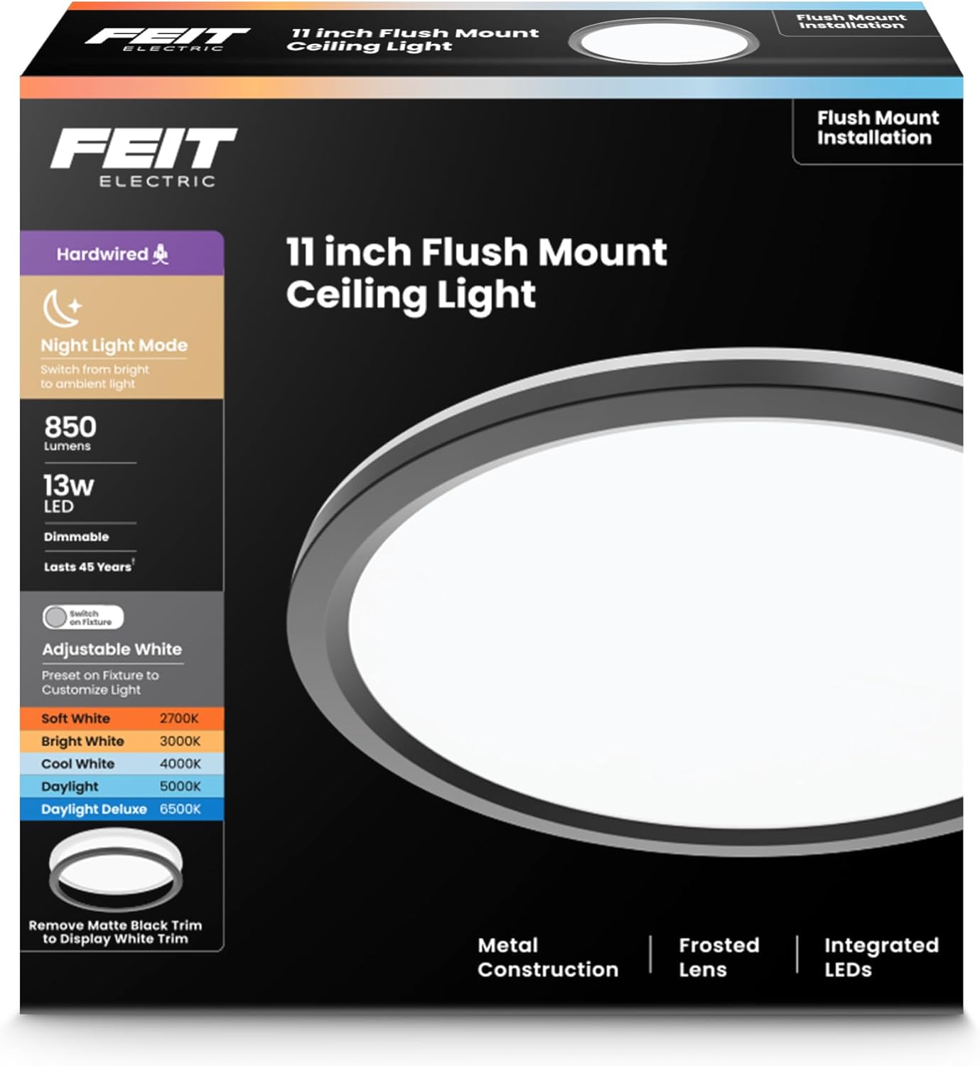 Feit Electric 11" Round LED Flat Panel Light, Adjustable White 5 Color Temperatures, Night Light Mode, Dimmable, Slim Profile with Interchangeable Magnetic Frames, FP11RT/5CCT/NL/WH