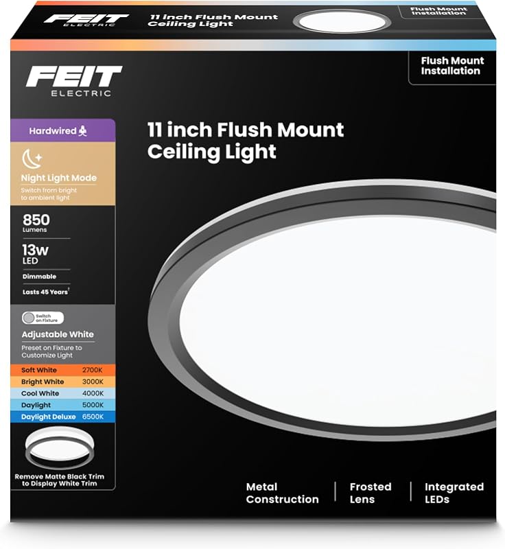 11" Round LED Flat Panel Light, Adjustable White 5 Color Temperatures, Night Light Mode, Dimmable, Slim Profile with Interchangeable Magnetic Frames, FP11RT/5CCT/NL/WH