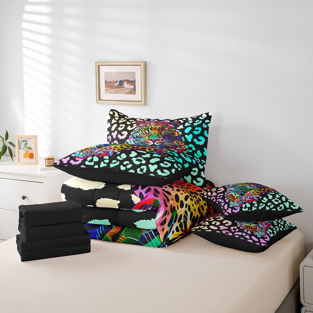 Erosebridal Cheetah Print Bed in A Bag Queen Rainbow Leopard Comforter Set 7 Piece for Kids Adults,Wildlife Bedding Sets African Safari Animal Sheet Set with Comforter