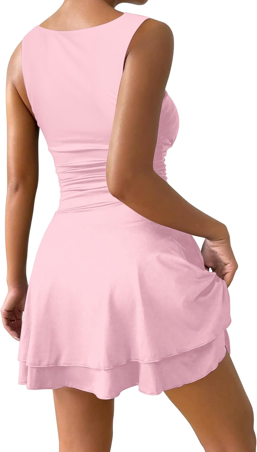 IWD Women's Sexy V Neck Sleeveless Corset Mini Dress Tiered Ruffle Hem A Line Short Party Club Dresses - Image 2