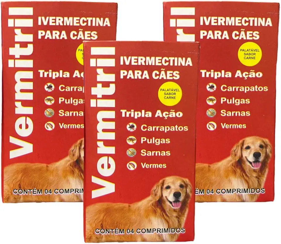 Vermitril Anti Carrapatos, Vermes, Pulgas E Sarnas - 12 Comp Mastigáveis para 15kg Cada - sabor Carne