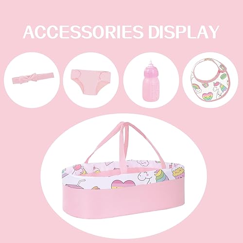 Miniatura 5 de K.T. Fancy Moisés y accesorios para muñeca de bebé de color rosa cremoso, 8 unidades, para muñecas de 14 a 18 pulgadas, ropa de muñeca de bebé y