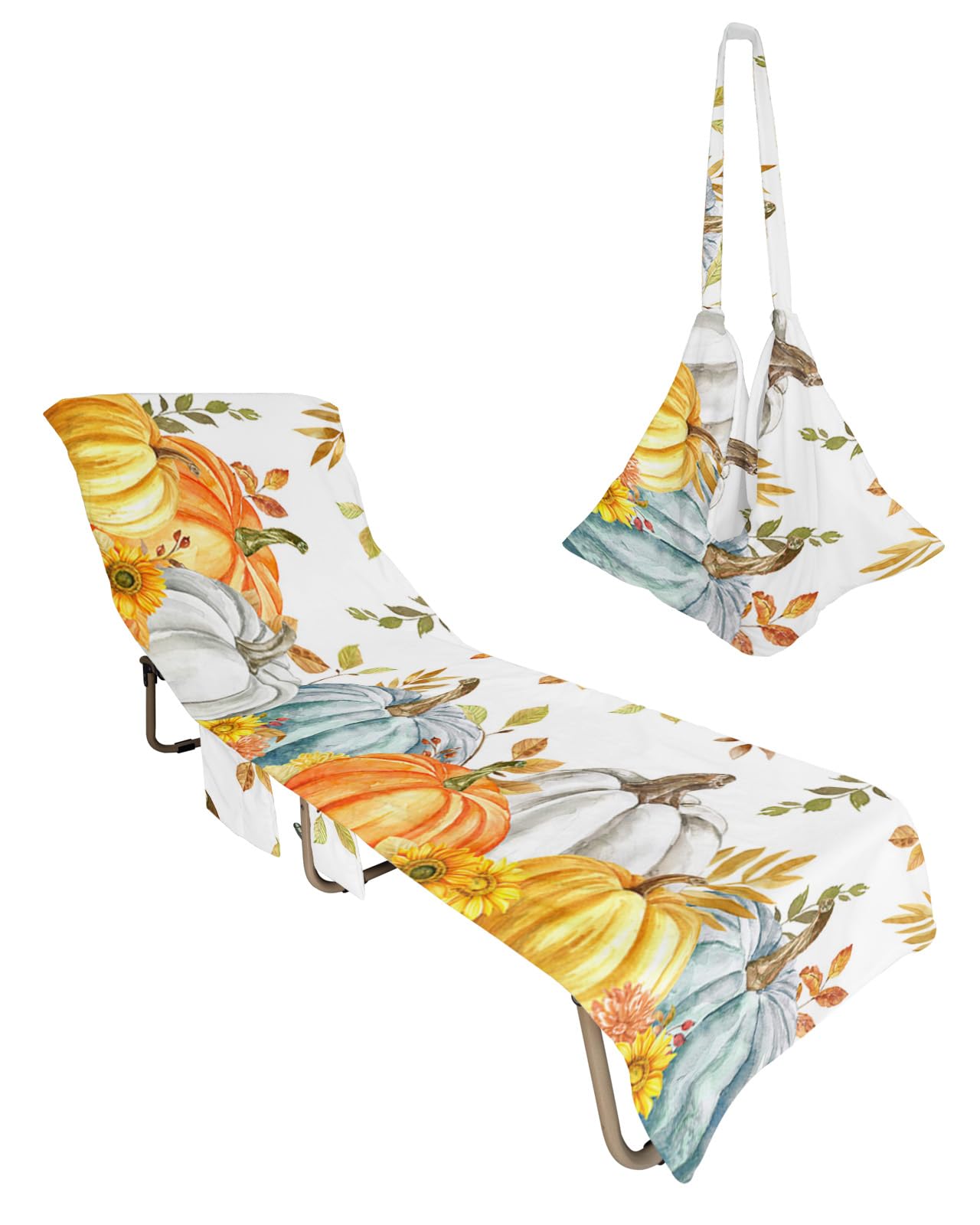 Eucalyptus Pumpkin Beach Chair Towel Covers for Chaise Lounge with Side Pocket, Soft Plush Pool Towels Cover for Patio Sunbathing Outdoor 29''x85'' Thanksgiving Seasonal Fall Maple Leaf