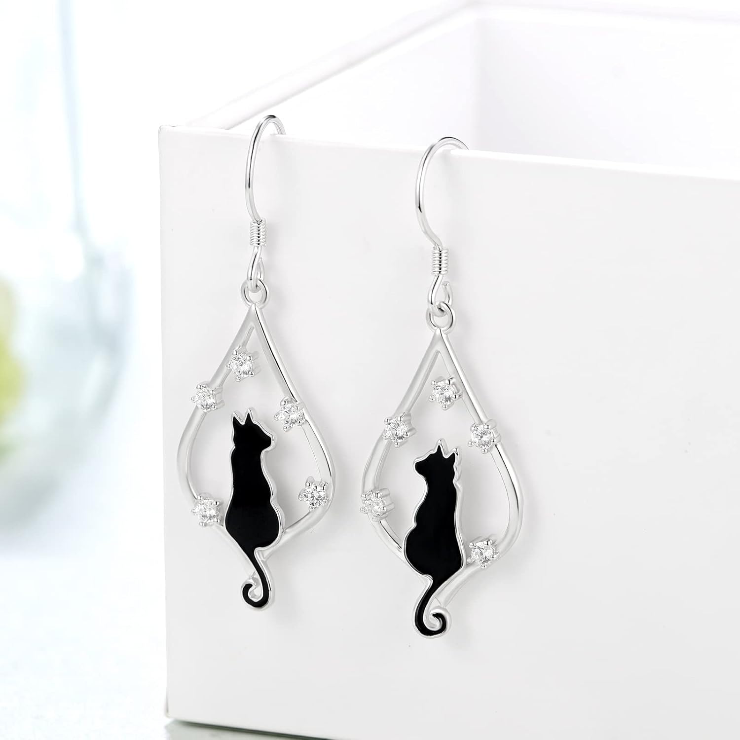 Black Cat Earrings 925 Sterling Silver Cute Black Cat Dangle Earrings for Cat Lovers Black Cat Gifts for Women - Image 2