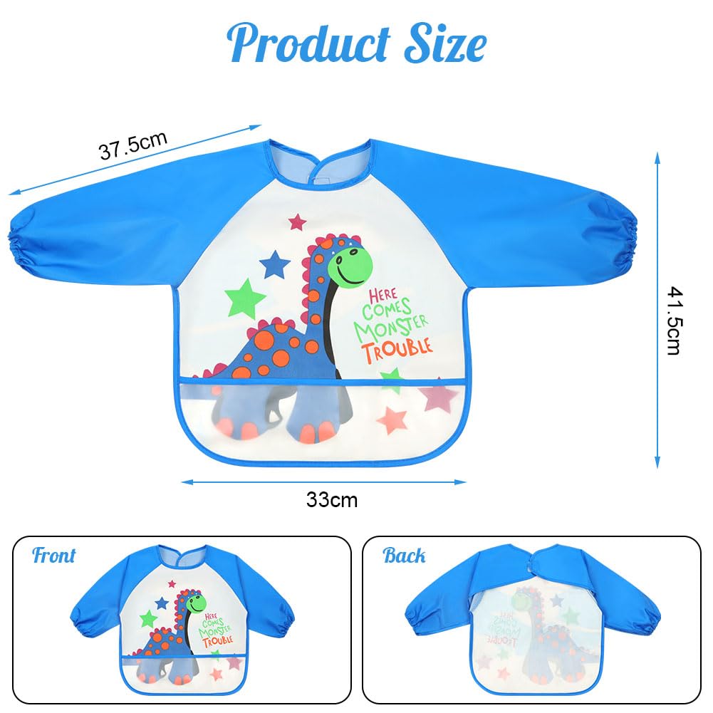 Vicloon Set di 3 Bavaglini Impermeabili con Maniche Lunghe e Tasca, Grembiule per Pappa Svezzamento, Dipingere, Giocare e Mangiare, Bambini Piccoli da 1-3 anni