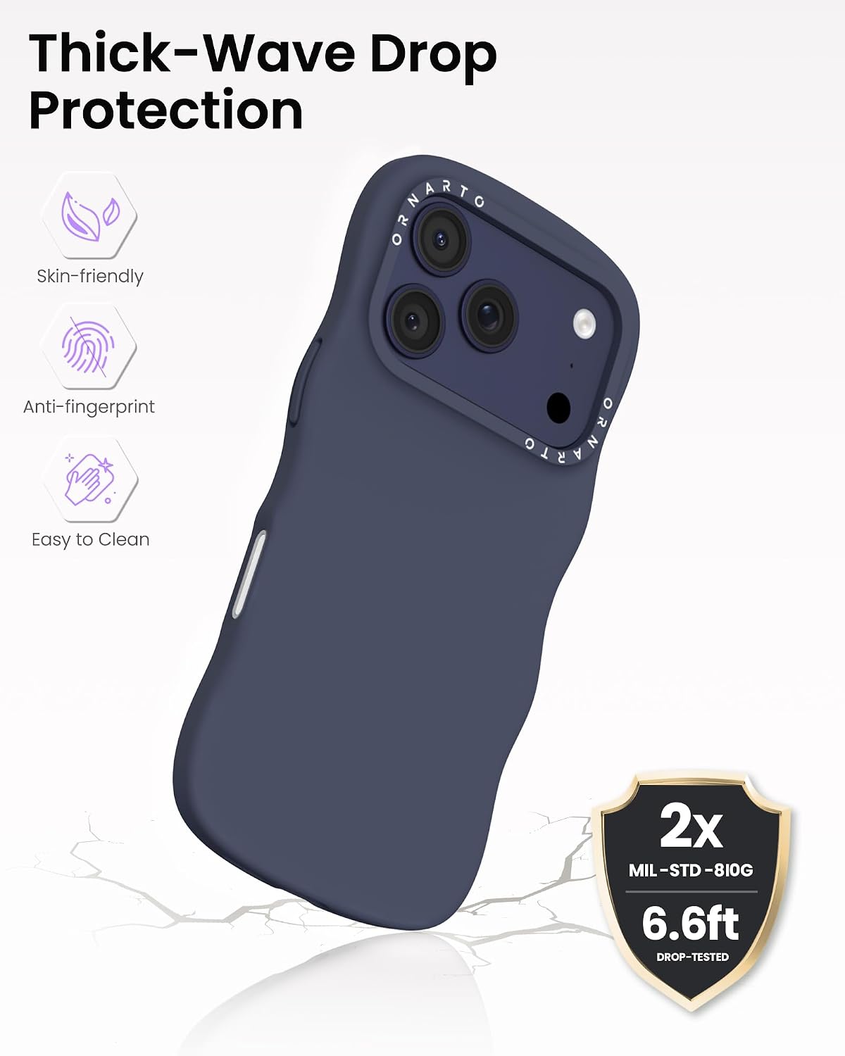 ORNARTO for iPhone 17 Pro Max Case for Women Girls– Cute Wave Edge, Camera Control Button, Shockproof Liquid Silicone Phone Case for iPhone 17 Pro Max 6.9", Stormy Blue