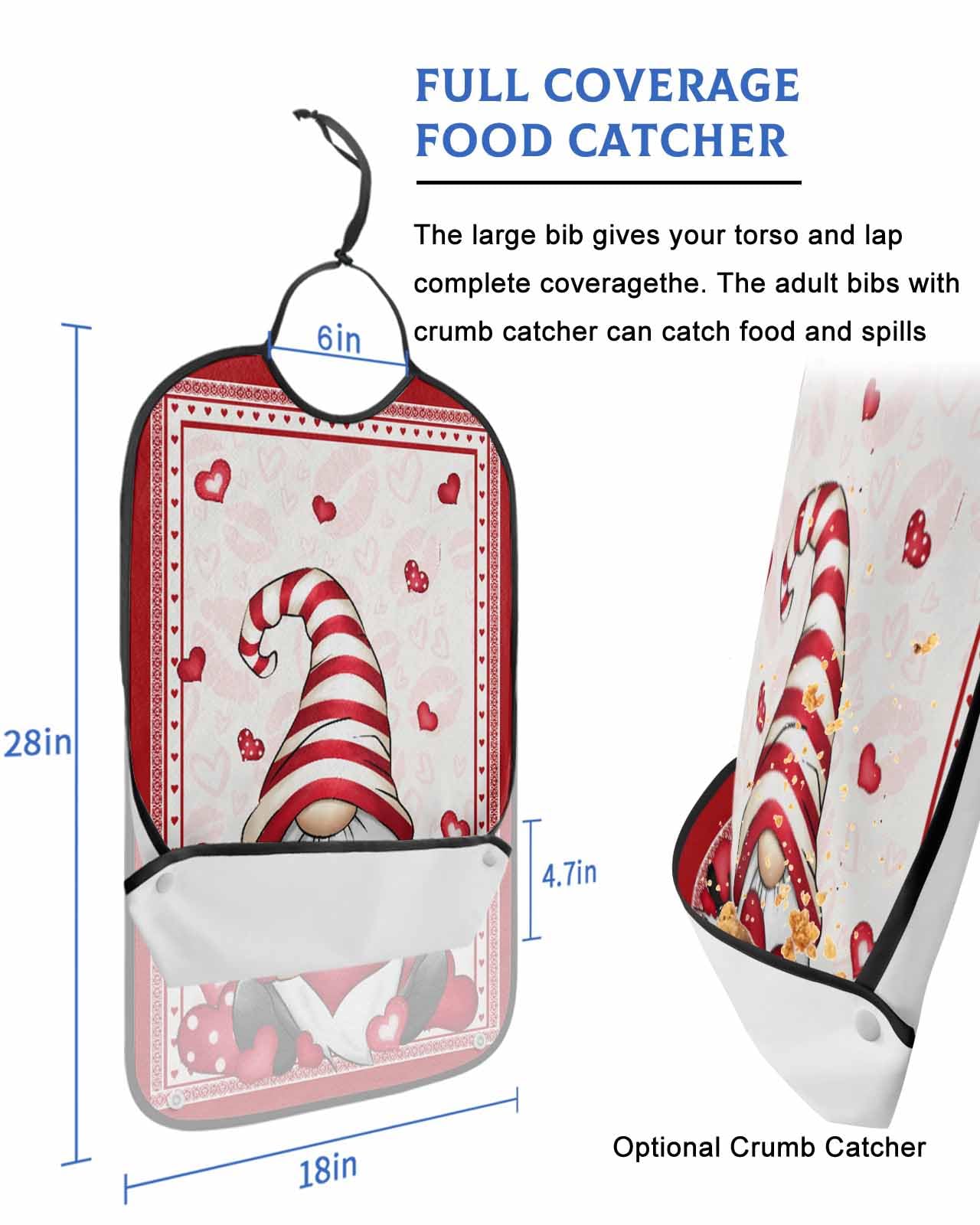 LEOKOTI Red Gnomes Valentine Adult Bibs for Eating, Waterproof Bibs with Food Catcher & Adjustable Snap Closure, Watercolor Red Love Heart Romantic Washable Clothing Protectors Adult Bibs for Elderly