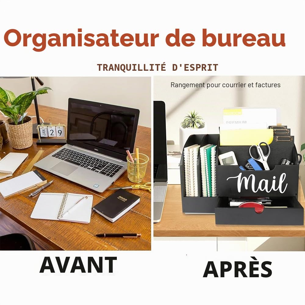 Organisateur de courrier en bois avec 6 compartiments et un tiroir, Tiroir de bureau en bois pour dossier Lettre Dossier, Boîte de rangement pour le courrier, Noir