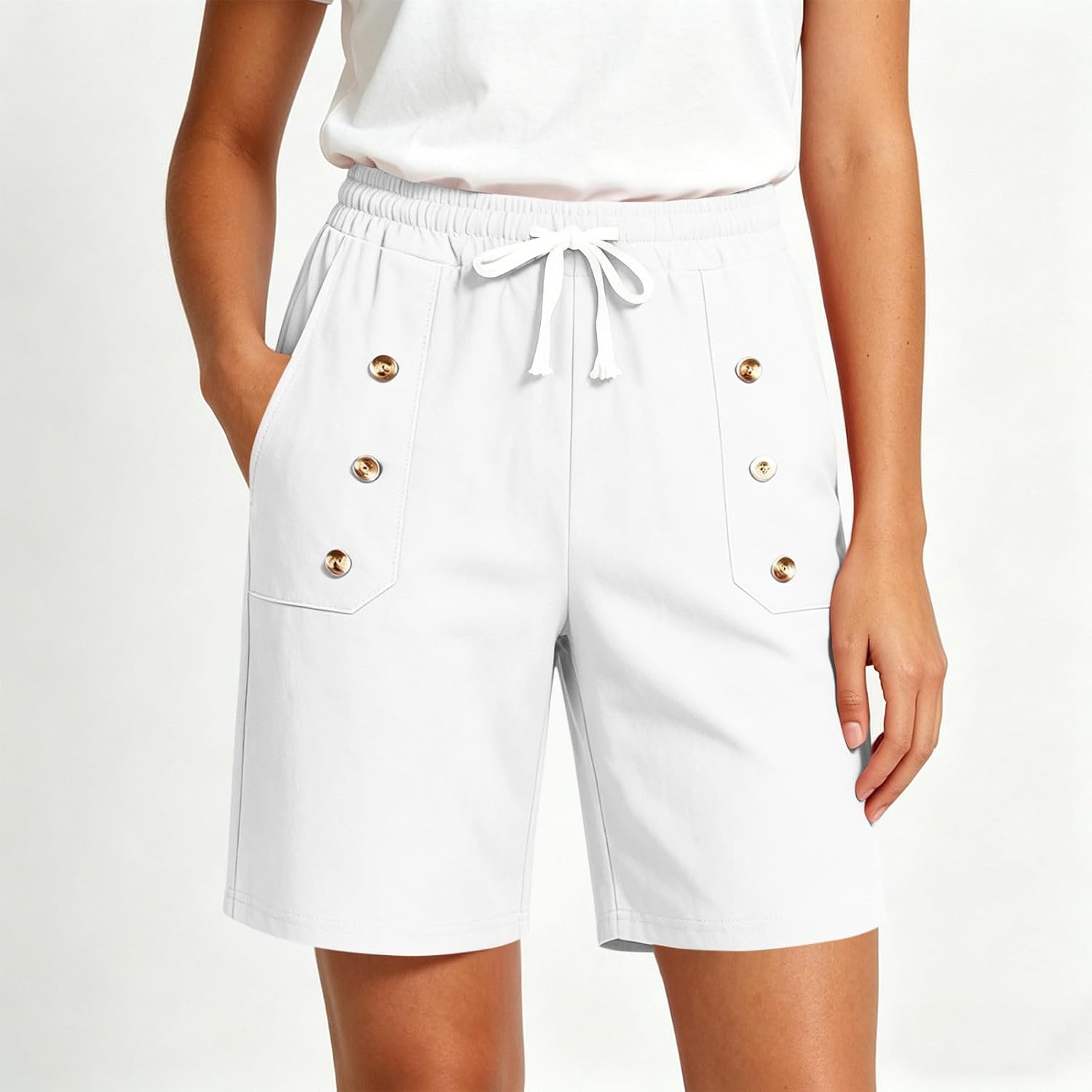 Cotton Linen Shorts for Women Plus Size Drawstring Elastic Waist Summer Beach Vacation Bermuda Shorts with Pockets