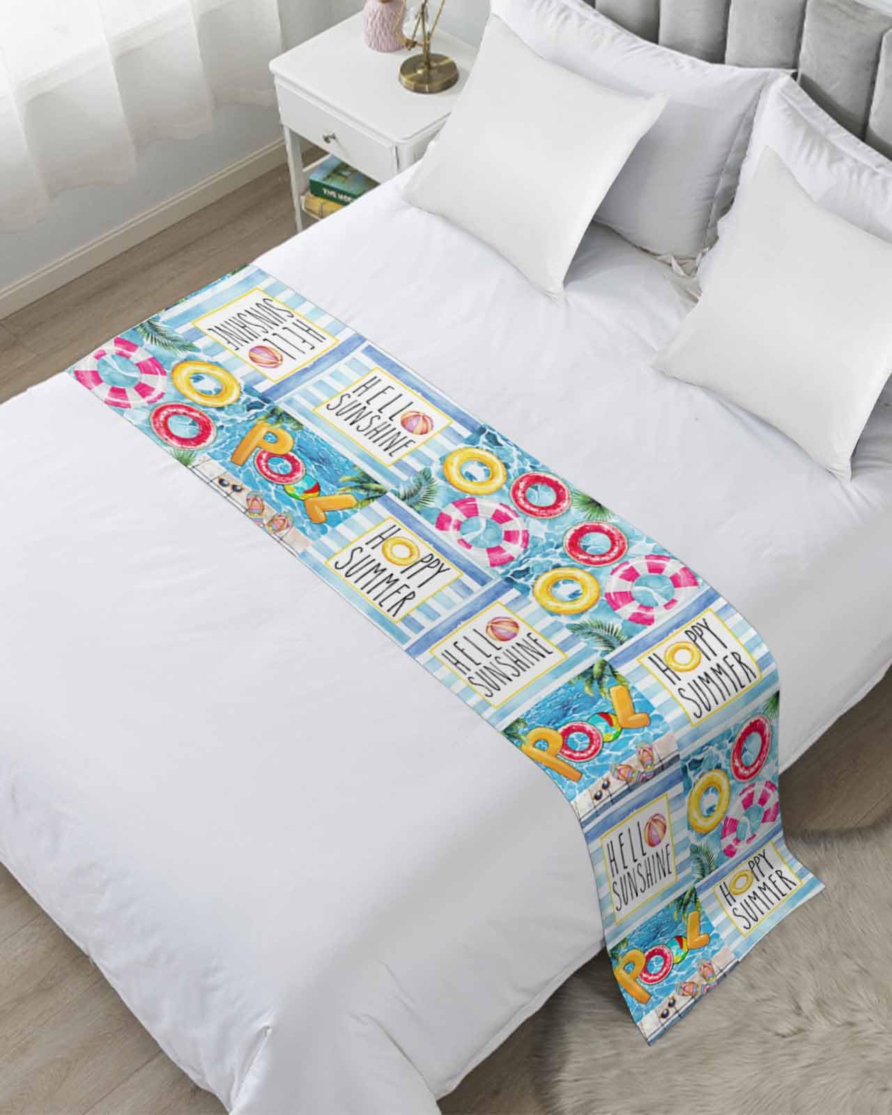 Bed Runner for Cal.King Size, Summer Blue Pool Decorative Scarf Throws for Foot of Bed, Swimming Ring Slippers Retro Striped Luxury Bedding Protector Slipcover Beds Runners for Hotel, 102 x 20 Inch