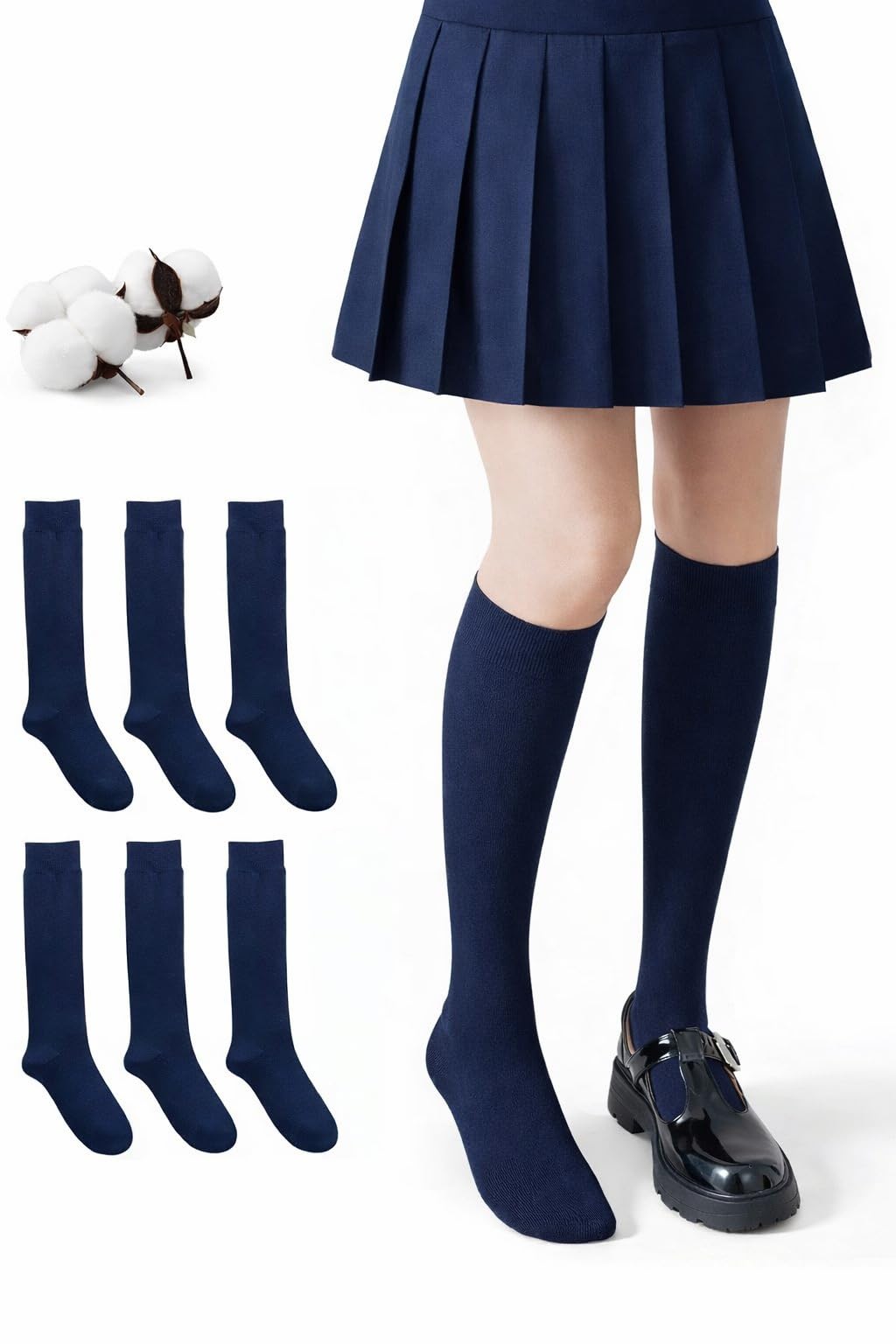 CYS Calcetines 6 Pares De Colegio Escolares Medias Largos Altos Algodón Hasta rodillas Lisos Para Niñas Niños Infantiles Uniformes Unisex