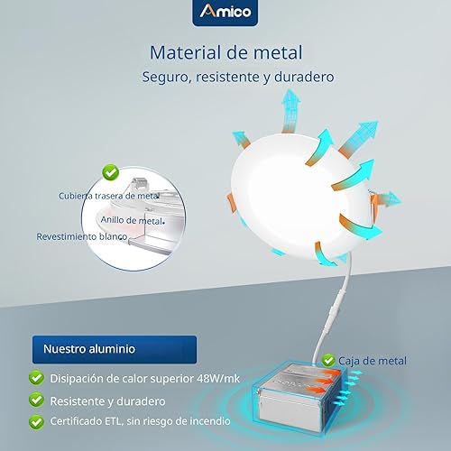 Miniatura 3 de Amico ETL&FCC - Paquete de 24 luces LED empotrables ultrafinas de 4 pulgadas con caja de conexiones, 2700K3000K3500K4000K5000K seleccionable, 10W