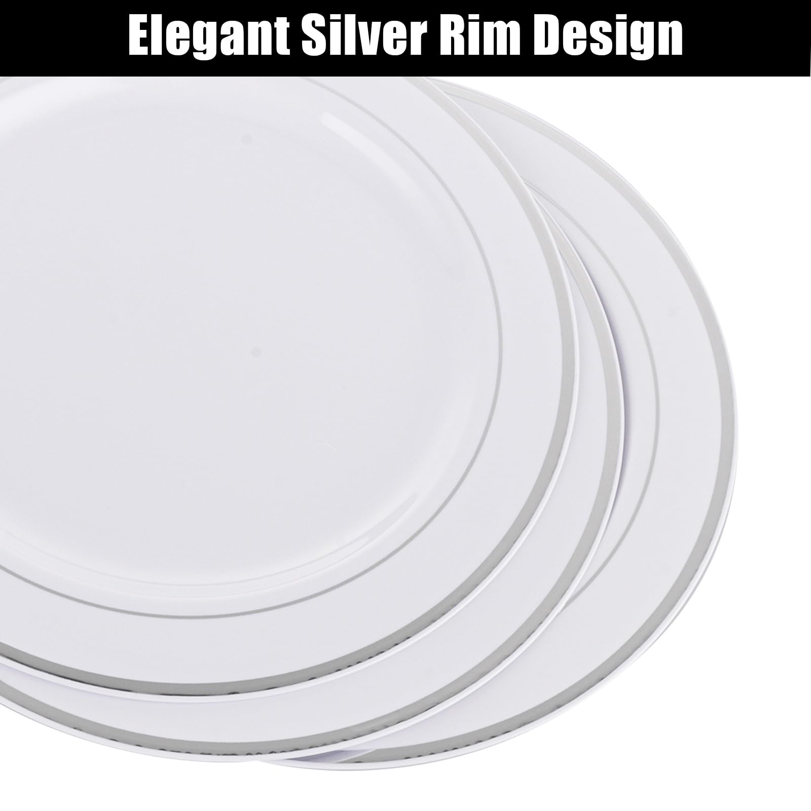 SENENQU Confezione da 40 piatti di plastica riutilizzabili, 26 cm, piatti in plastica per feste con bordo argentato, piatti piani in plastica infrangibili, per feste di compleanno, catering