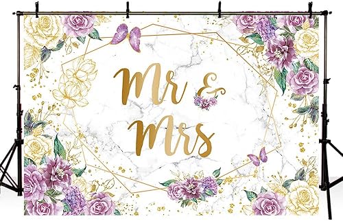 Miniatura 4 de Telón de fondo floral de mármol de 7 x 5 pies para despedida de soltera, flores moradas, mariposa, fondo geométrico dorado para parejas, decoración