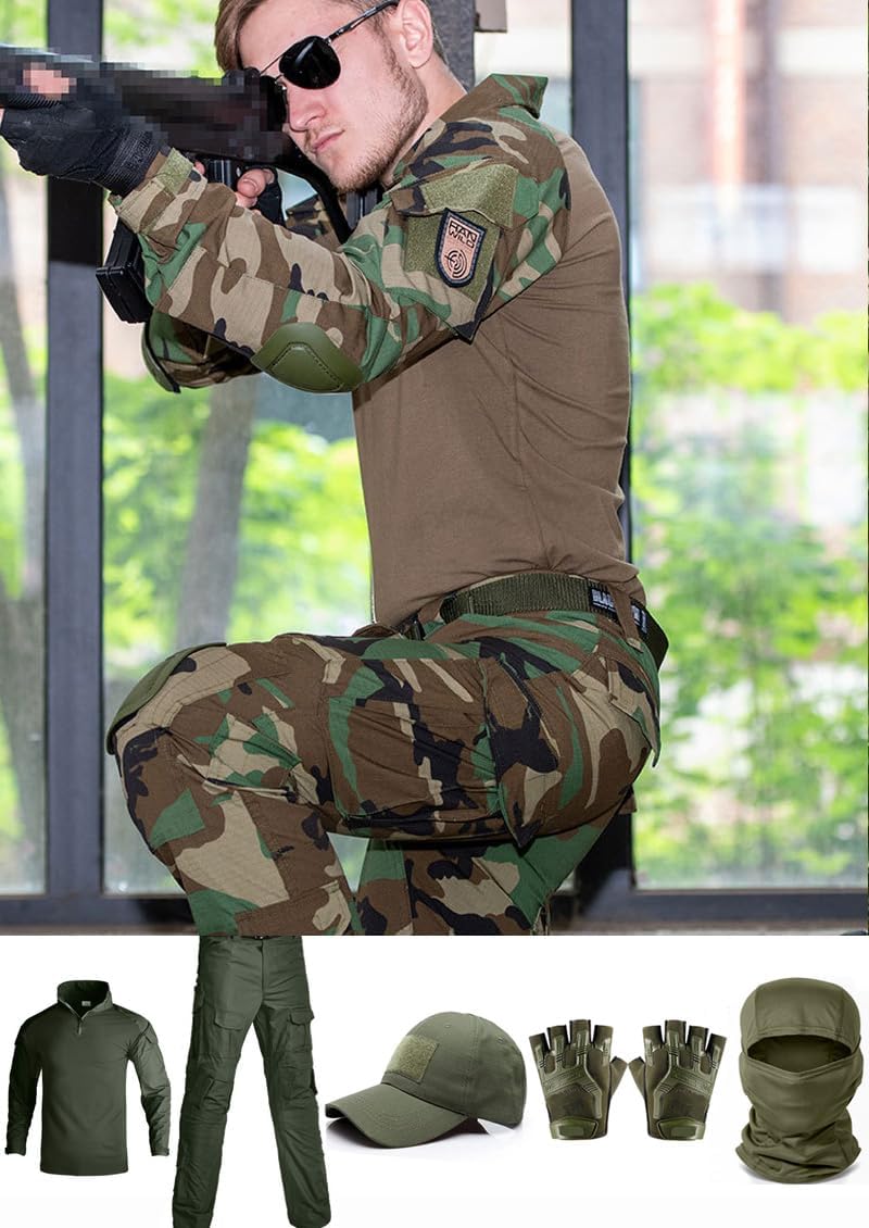 Tactical Suit,Combat Pants and Shirt,Cap Gloves Balaclava Set,Black Camo Uniform Men's Military Airsoft Gear