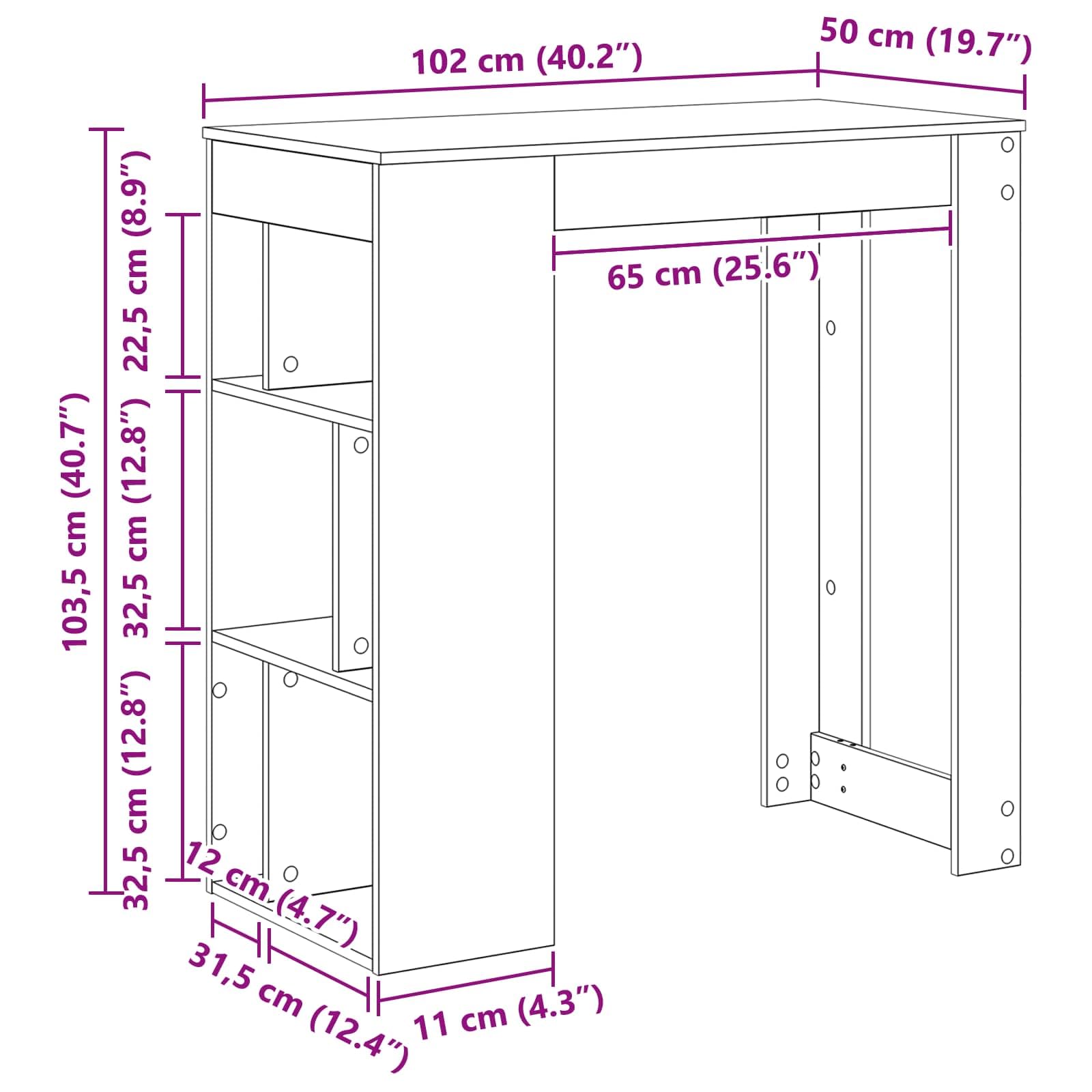 Stolik barowy o wyglądzie dębu, materiał drewnopochodny, 102 x 50 x 103,5 cm, prostokątny, z 3 półkami, do jadalni, kuchni, dla gości, posiłku, zajmuje mało miejsca