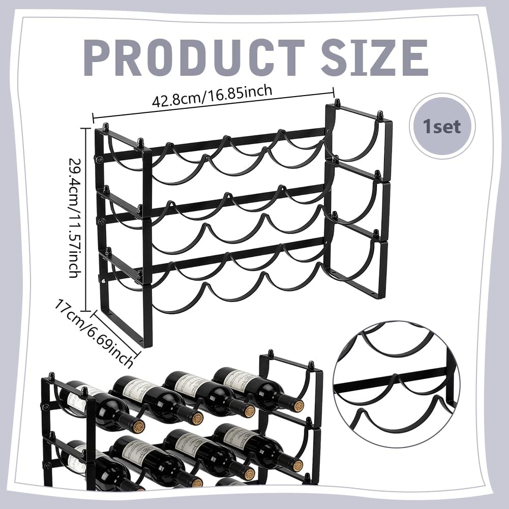 NBEADS Detachable 12 Bottle Wine Rack, 16.9x6.7x11.6 Inch Stackable Black Iron Wine Bottle Holder, Countertop 3-Tier Freestanding Wine Storage Shelf for Kitchen, Bar, Pantry Small Spaces