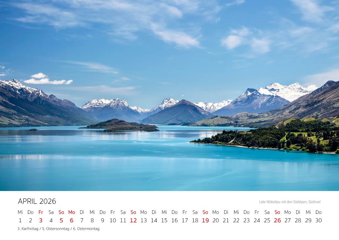 Edition Seidel Premium Kalender Naturschätze Neuseelands 2026 Format DIN A4 Wandkalender Wellington Pazifik Insel Nationalparks Christian Müringer