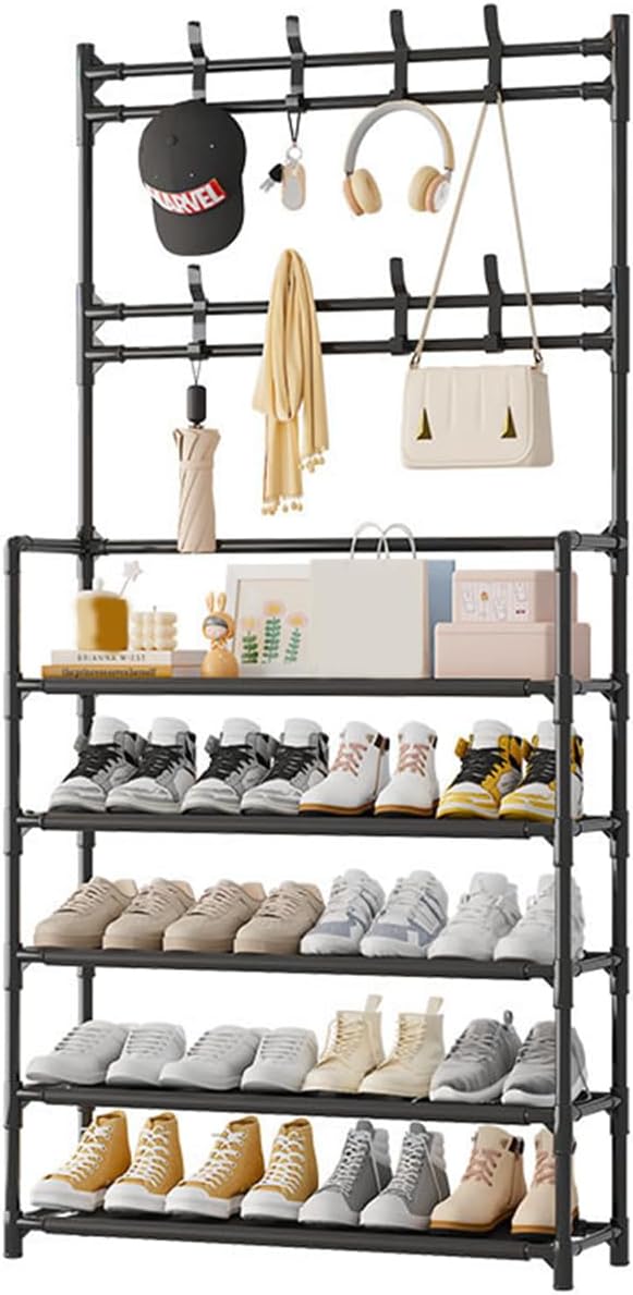 5-layer floor standing storage rack, clothing and hat storage rack, large capacity shoe rack, easy to install, suitable for living rooms, entrances, kitchens and other scenes. (black)