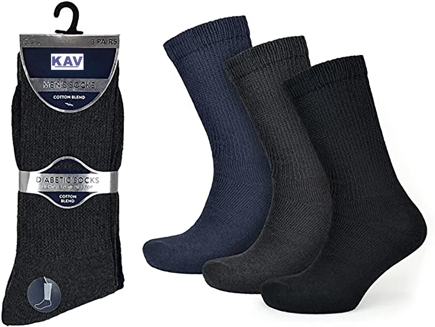 KAV Extra Wide Comfort Fit Pack of 3 Diabetic Socks for Swollen Legs, Mens Foot Care UK 7-11 Cotton Rich Gentle, Multicolour