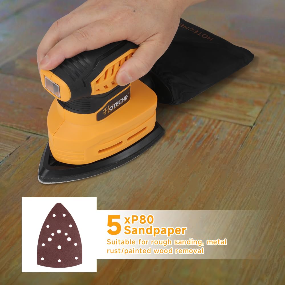 Hoteche Ponceuse delta 160 W - Puissante ponceuse pour bois, meubles et bricolage - 13000 tr/min - Auto-aspiration - Plaque 140 x 140 x 80 mm - Avec brosses en carbone - 5 feuilles abrasives et sac à
