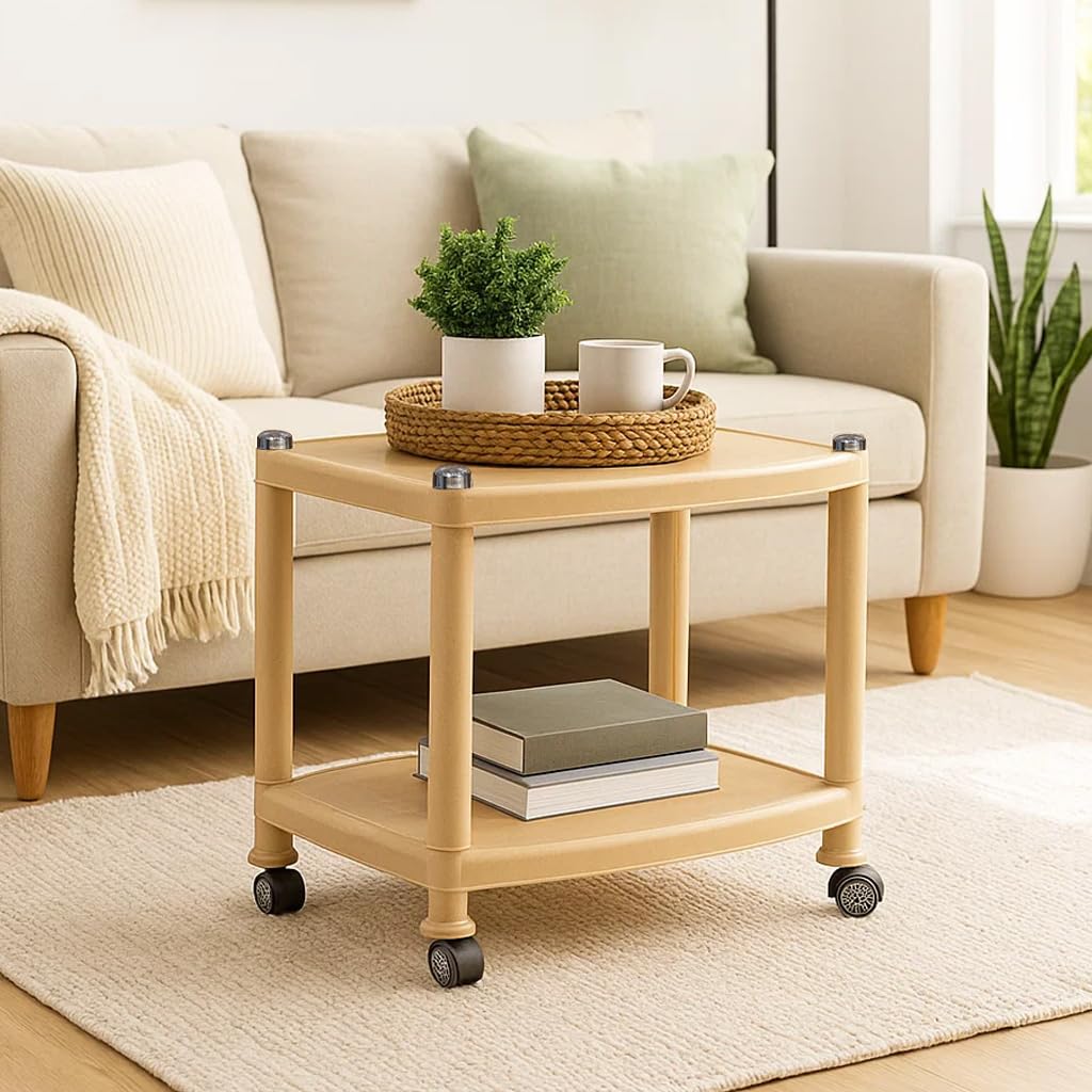 Nilkamal CENTBL2 Contemporary Center Trolley Coffee Table/Tea Table/Teapoy for Home/Living Room/Office & Outdoor (Plastic), Marble Beige Colour
