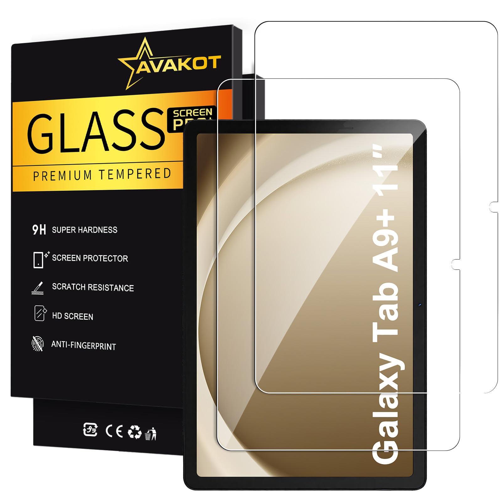 avakot 2 Pack Screen Protector for Samsung Galaxy Tab A9 Plus 2023, Tempered Film Ultra Thin Anti-Fingerprint Touch Sensitive Screen Protector for Galaxy Tab A9 Plus