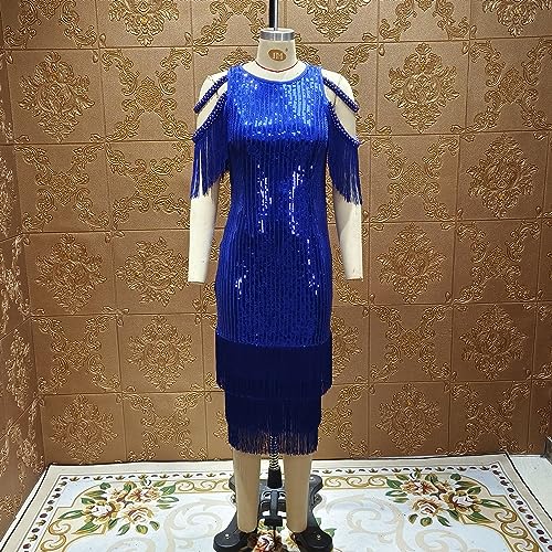 Image of Cololura Sexy Elegant Women Sequin Long Sleeve Tassel Bodycon Midi Dress Party Evening Gown Formal Dress