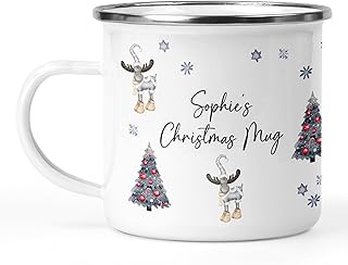 Personalised Christmas Mug, Custom Festive Design with Name, Hot Chocolate Enamel Mug, Christmas Eve Box Fillers, Gifts for Kids