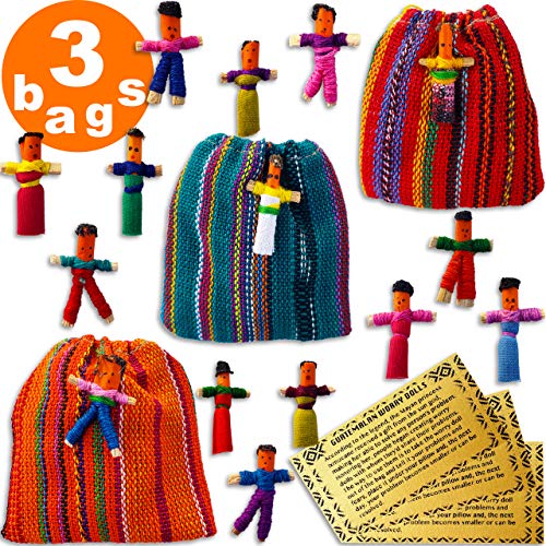 Worry Dolls in a Bag - 3 Bags with 6 Super Cute Little Guatemala Dolls - Mayan - Trouble - Anxiety - Worry People - Ornament -