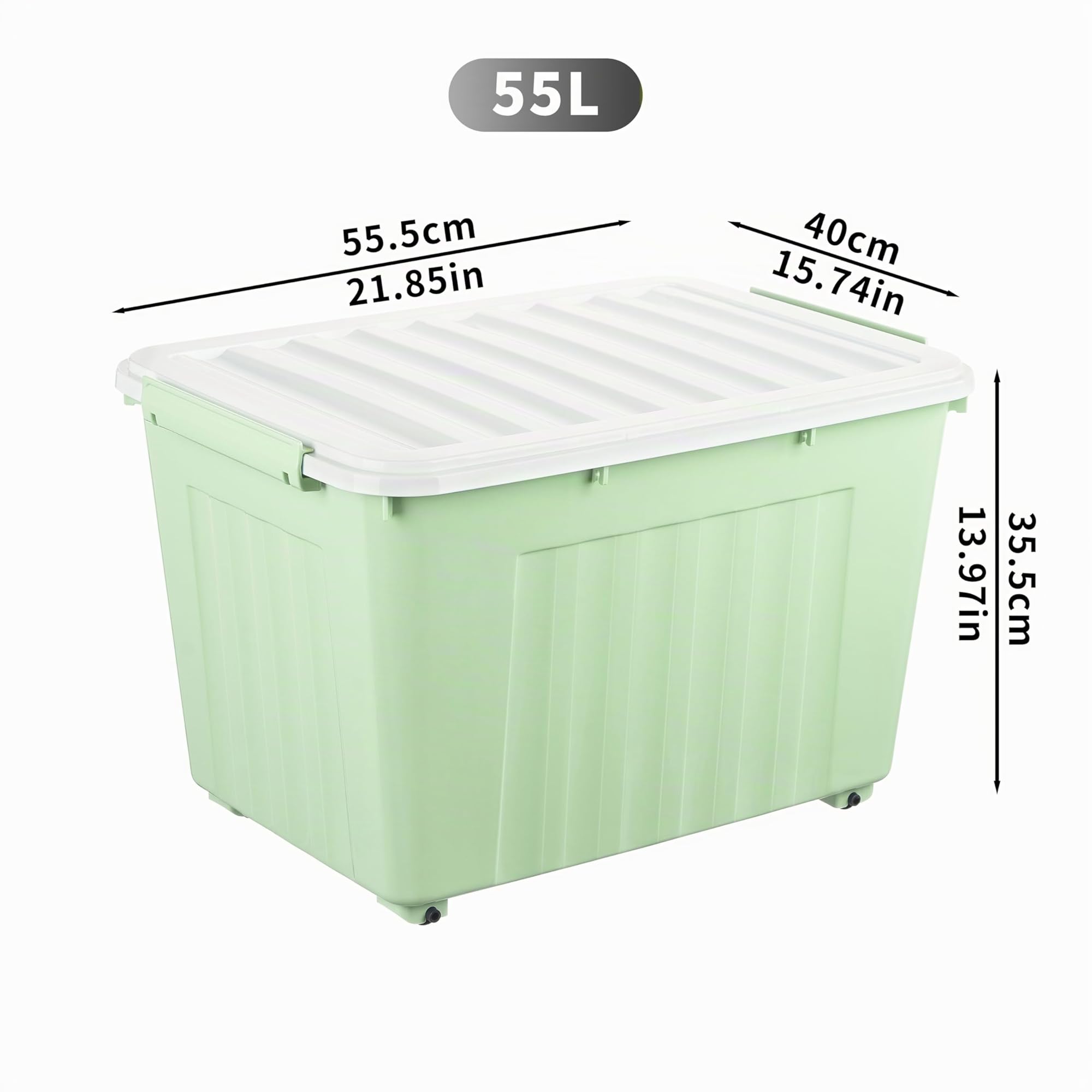 Cetomo 55L*4 Scatole di Stoccaggio con Coperchi, Contenitori in Plastica con Ruote, Clip On, Impilabili, Incastonabili, Organizzatore a Righe per Casa Ufficio, Verde, 55L-4 Pezzi