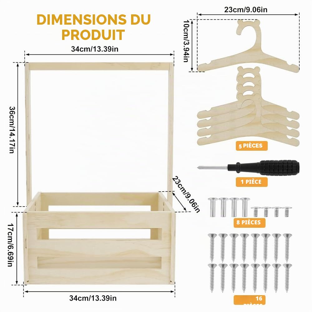 Panier Cadeau en Bois pour Bébé, Caisse de Rangement avec 5 Cintres, Poignée, Boîte en Bois pour Fête Prénatale
