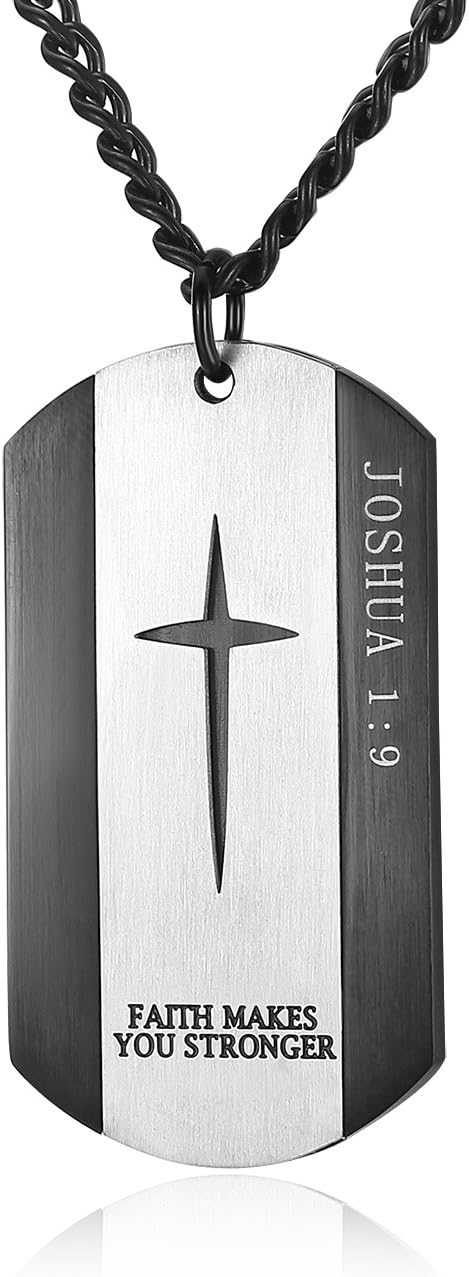 REVEMCN Black Silver Stainless Steel Bible Verse Cross Dog Tag Pendant Necklace for Men, 24-28 Inches Chain