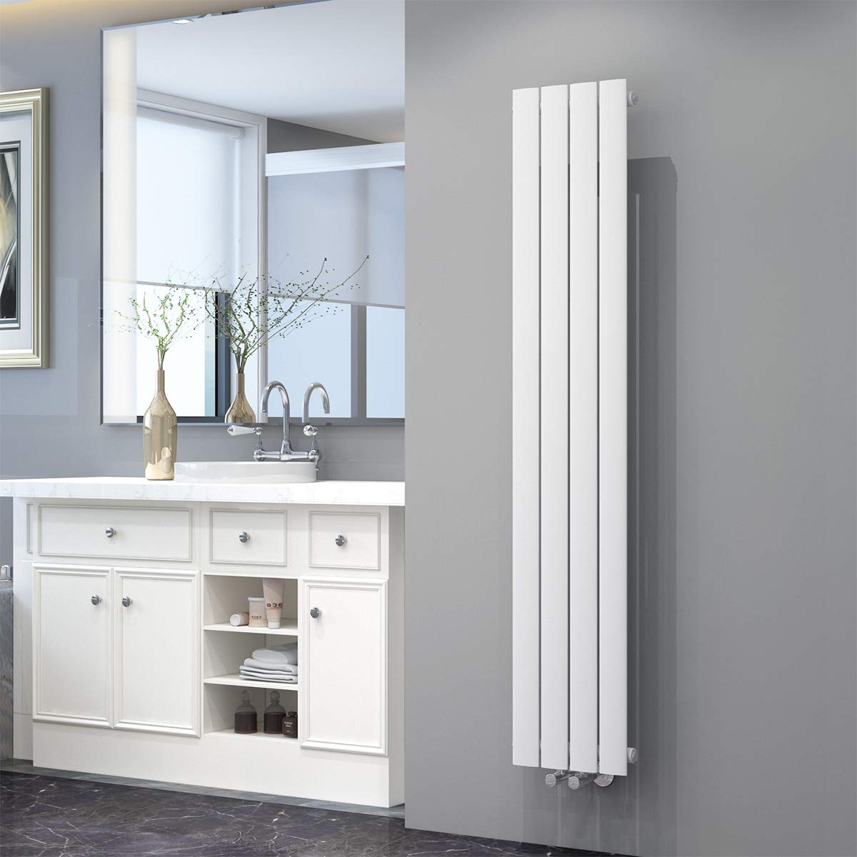 ELEGANT Radiador de diseño plano 1600 x 308 mm, color blanco, radiador para baño de una sola capa, vertical, panel de calefacción