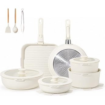 JEETEE Saucepan Set 25 Pieces with Removable Handles - Induction Safe, Non-Stick, Stackable, Oven-Safe, White