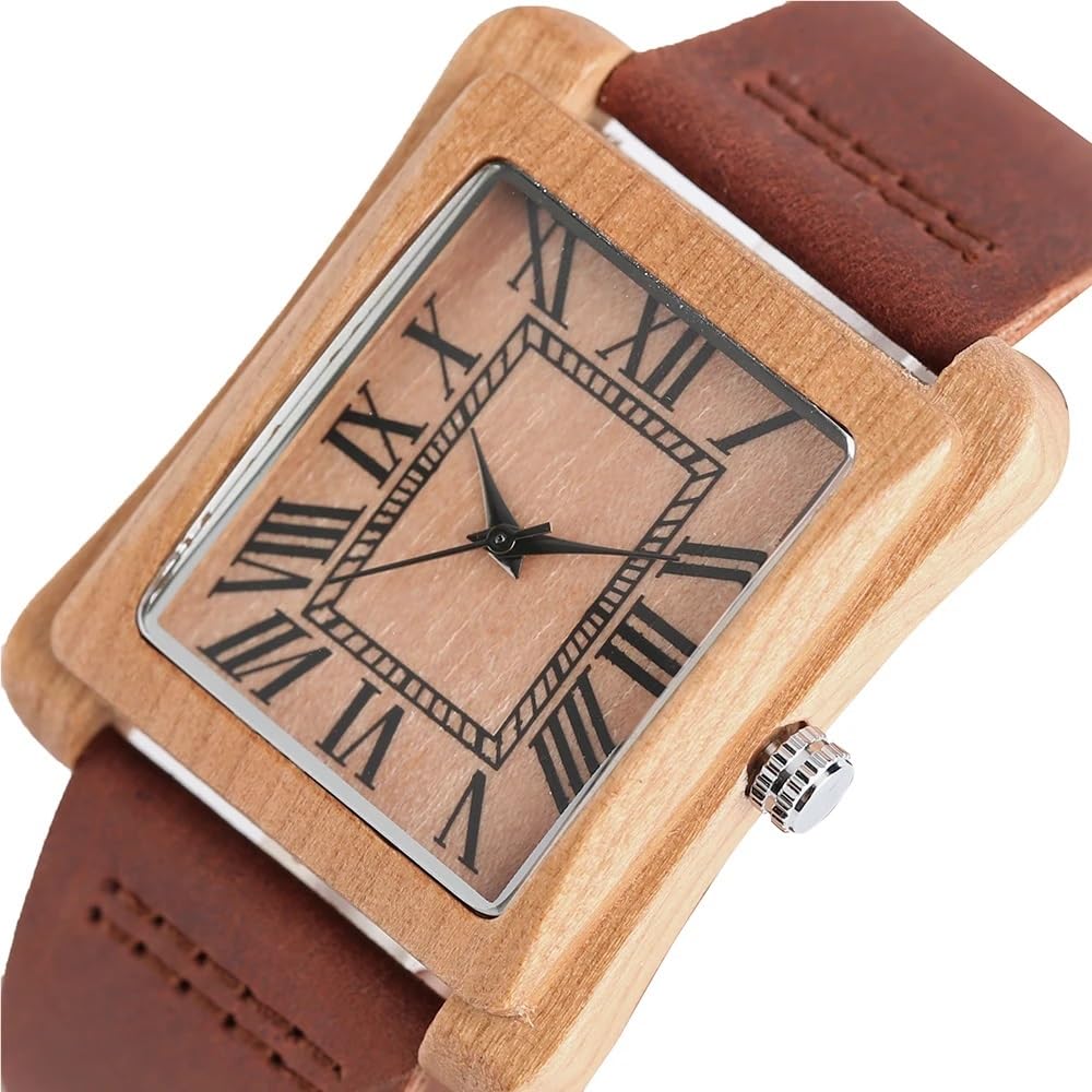 Orologio da Uomo in Legno con Cinturino in Pelle, Stile Moderno, Stile Casual, al Quarzo, Rettangolare, Stile Log, Stile Naturale(Cherry Wood A)