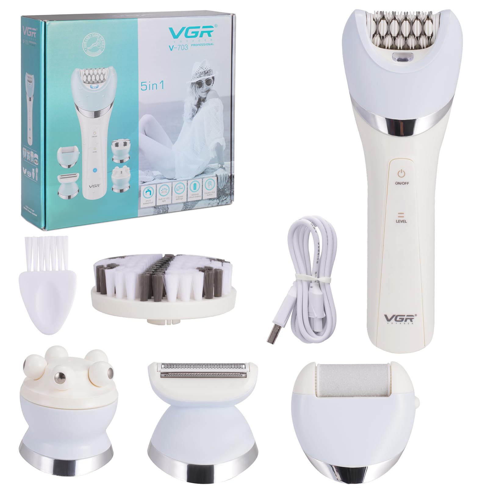 Depiladora eléctrica para mujer, 5 en 1 Afeitadora Eléctrica Inalámbrica para Piernas y Cuerpo Depilación, Wet & Dry, Recortadora con Depiladora, Afeitadora, Exfoliante, Limpieza y Masaje Facial