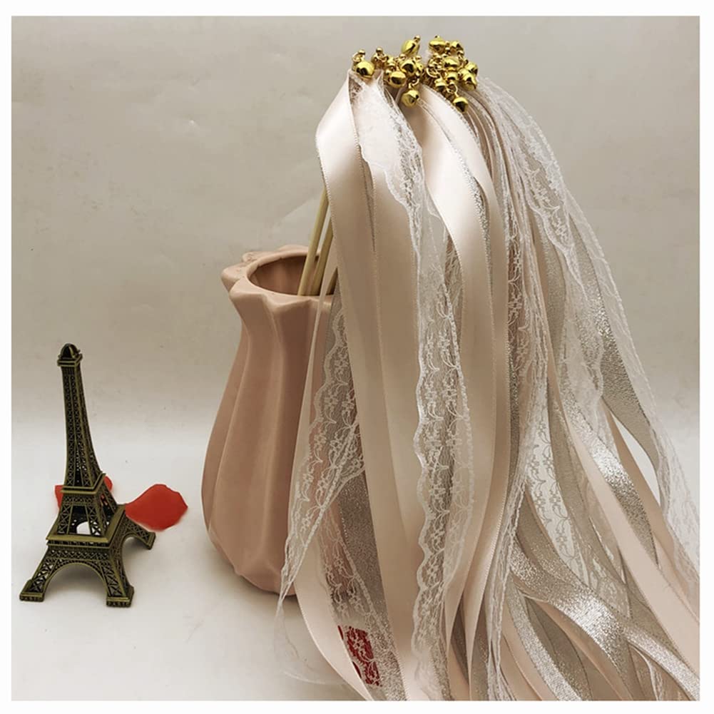 Egurs Varillas mágicas con cascabeles para bodas, 20 unidades, puntas de hada, cinta de serpentinas, varitas mágicas para bodas, Navidad, cumpleaños, fiestas, color beige, 20 unidades