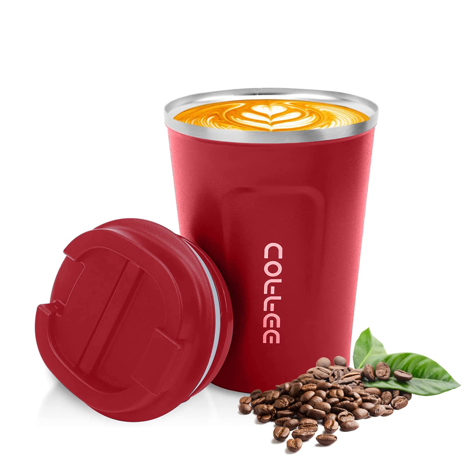 Travel Mugs, Insulated Coffee Cup with Leakproof Lid Reusable Coffee Cups Stainless Steel Thermal Mug to Go, BPA Free, Vacuum Cup for Hot and Cold Water Coffee and Tea 380ml, Red