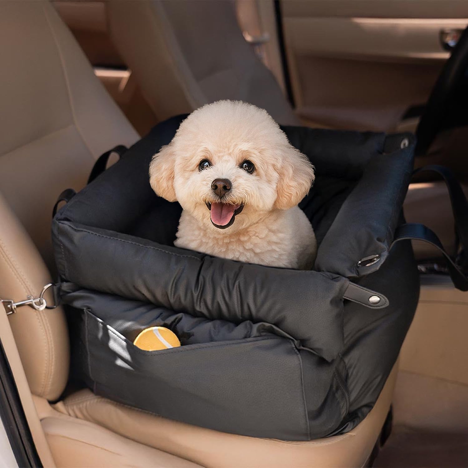Small Dogs Car Seat – Detachable Washable Dog Booster Seat with Memory Foam – Pet Car Bed with Storage Pockets & Clip-On Safety Leash – Puppy Travel Carrier for Cars