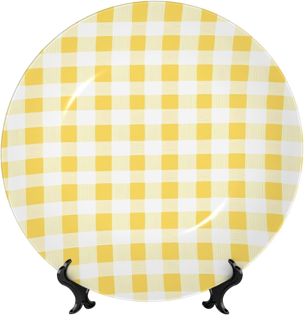 Yellow Gingham Style Ceramic Plate Display Home Display With Stand Wall Hanging Plate For Home Decor 10 Inch